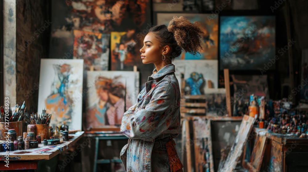 Pensive Female Artist in Studio with Artwork in Background Pensive Female Artist in Studio with Artwork in Background