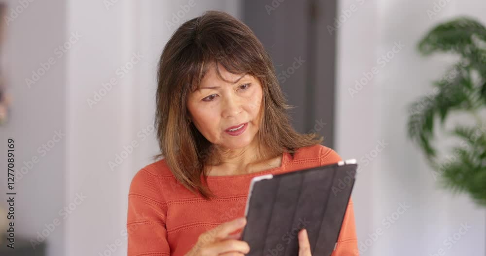 Woman reading mobile tablet email communication standing at home head shot