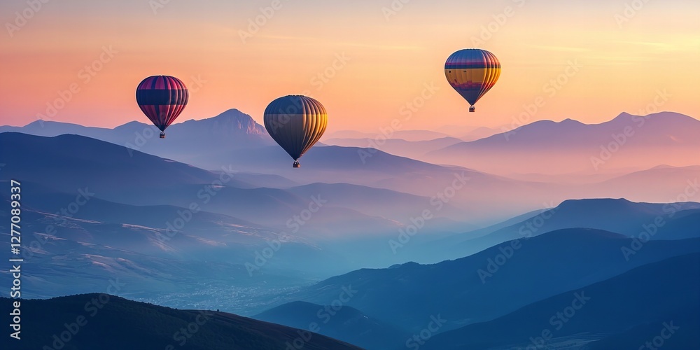 Obraz premium A vibrant scene featuring colorful balloons soaring above a stunning mountain landscape, capturing a sense of adventure and freedom. Perfect for travel, adventure, and outdoor-themed content.
