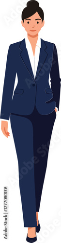 Confident businesswoman in navy suit walking purposefully with a determined expression in a minimal flat design vector illustration