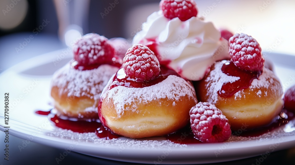 luxurious plate of freshly baked brioche doughnuts, generously topped with glossy raspberry glaze, a dollop of whipped cream, and a cascade of fresh raspberries. luxurious plate of freshly baked brioche doughnuts, generously topped with glossy raspberry glaze, a dollop of whipped cream, and a cascade of fresh raspberries.