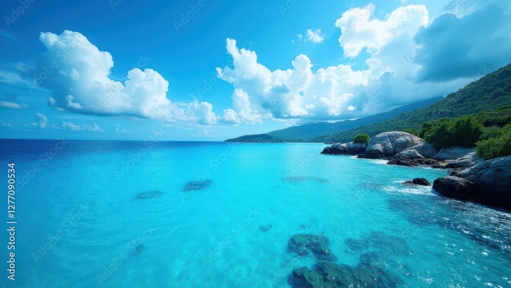 Azure blue waters meet a rocky shoreline under a bright sky with fluffy clouds. Azure blue waters meet a rocky shoreline under a bright sky with fluffy clouds.