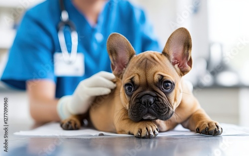 Cozy indoor scene of a canine relaxing on the floor while a doctor attends in the background