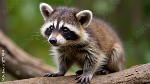 A baby raccoon with a blurred face is perched on a tree branch, showcasing its small size and distinctive fur pattern.