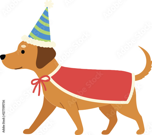 Playful dog wearing a colorful party hat and a red cape in a cheerful flat vector illustration