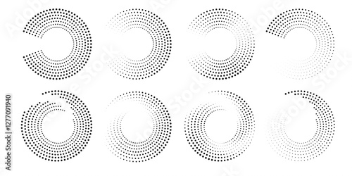 Black dots create circle white background, Set modern halftone pattern, Polka dots or logo icon, Spiral design elements arranged in geometric rows, Abstract dotted vector illustration.