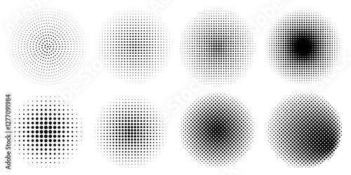 Set polka dots circle halftone white background gradient abstract pattern. Vector texture illustration in pop art cartoon sport style. Line wave point grunge modern.
