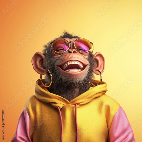 energetic pop art monkey cropped hoodie gold hoops confident laughing