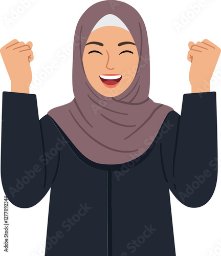 Joyful woman celebrating with raised hands, wearing a hijab, in flat design style, expressing happiness and excitement in this vector illustration
