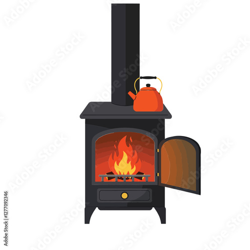 Cozy black wood stove with flickering flames and orange kettle in a minimal flat vector illustration