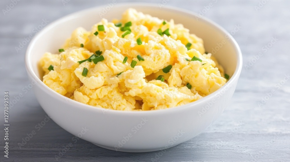 Deliciously scrambled eggs garnished with chives served in a bright and inviting culinary presentation Deliciously scrambled eggs garnished with chives served in a bright and inviting culinary presentation