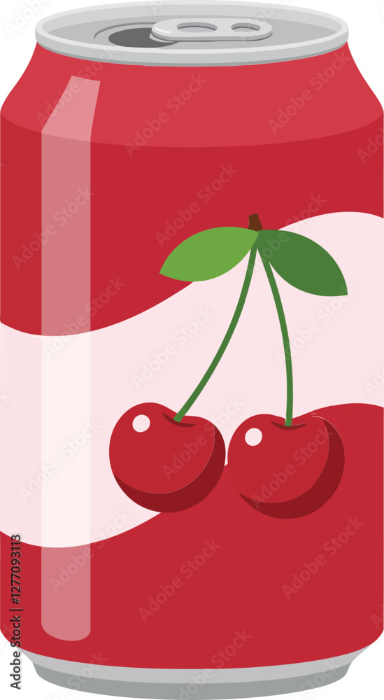 Red soda can with cherry design showcasing a minimal and flat style in vector illustration