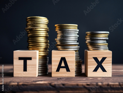 Stacked coins with TAX blocks symbolizing financial responsibilities and taxation.