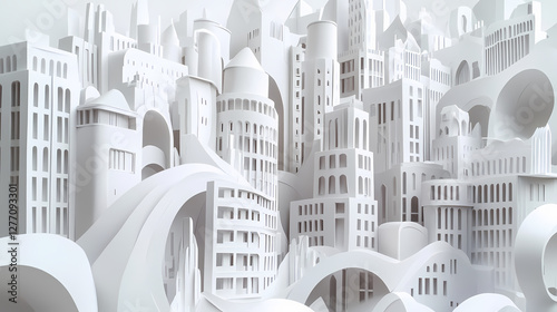 White paper art sculpture of a surrealistic abstract city or building, 3d paper architectural sculpture. Phantasmagoric Dream City. Illustration