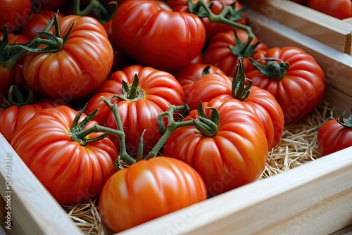Fresh, ripe tomatoes nestled in wooden crates with straw accents