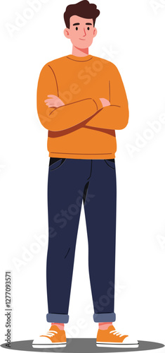 A young man standing confidently with crossed arms in a casual outfit, featuring a flat and minimal design style, vector illustration