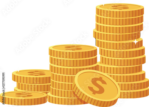 Stacks of shiny gold coins in a flat design style representing wealth and finance, showcasing a prosperous atmosphere in vector art