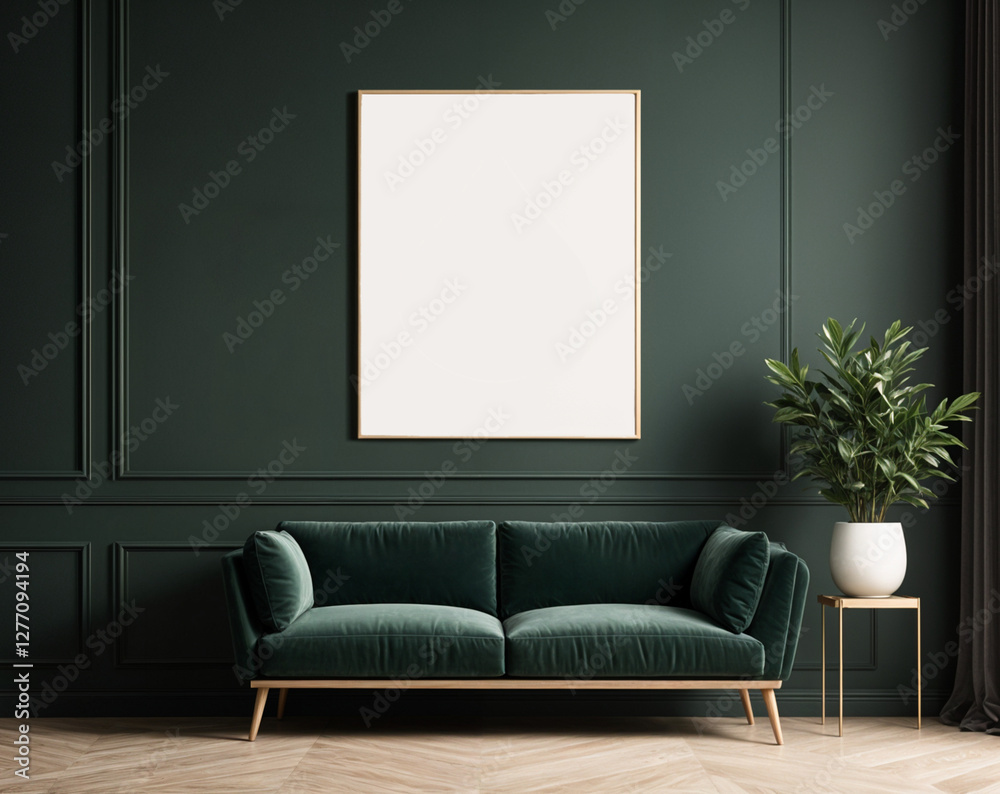 A stylish reading nook featuring a cozy armchairs with a pillow, a framed mockup for artwork on the wall. Modern design. Green color A stylish reading nook featuring a cozy armchairs with a pillow, a framed mockup for artwork on the wall. Modern design. Green color