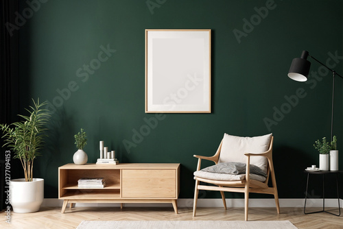 A stylish reading nook featuring a cozy armchairs with a pillow, a framed mockup for artwork on the wall. Modern design. Green color