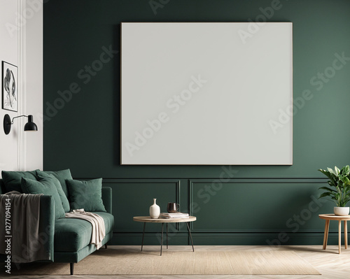 A stylish reading nook featuring a cozy armchairs with a pillow, a framed mockup for artwork on the wall. Modern design. Green color