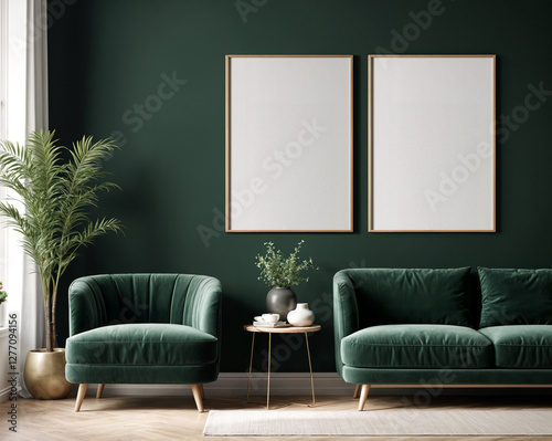A stylish reading nook featuring a cozy armchairs with a pillow, a framed mockup for artwork on the wall. Modern design. Green color