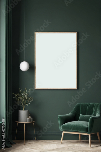 A stylish reading nook featuring a cozy armchairs with a pillow, a framed mockup for artwork on the wall. Modern design. Green color