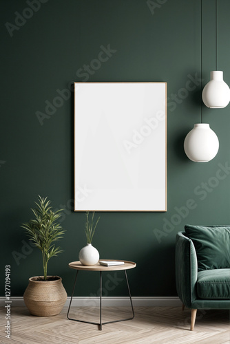A stylish reading nook featuring a cozy armchairs with a pillow, a framed mockup for artwork on the wall. Modern design. Green color