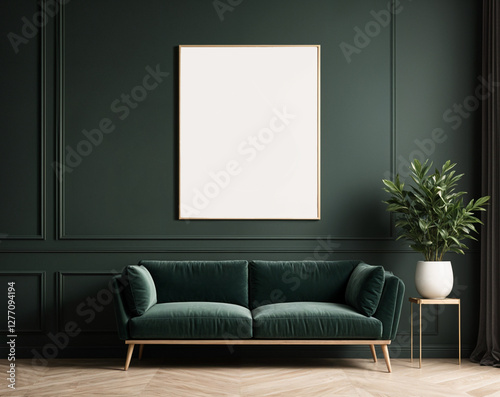 A stylish reading nook featuring a cozy armchairs with a pillow, a framed mockup for artwork on the wall. Modern design. Green color