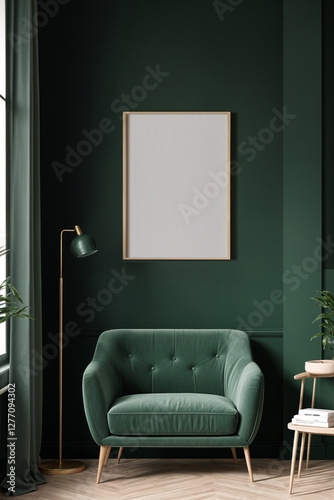 A stylish reading nook featuring a cozy armchairs with a pillow, a framed mockup for artwork on the wall. Modern design. Green color