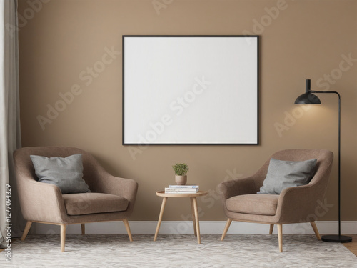 A stylish reading nook featuring a cozy armchairs with a pillow, a framed mockup for artwork on the wall. Modern design. Brown color