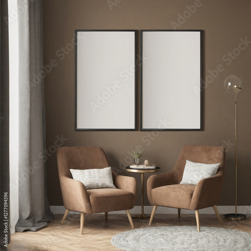 A stylish reading nook featuring a cozy armchairs with a pillow, a framed mockup for artwork on the wall. Modern design. Brown color