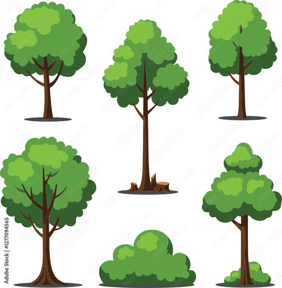Naklejka premium A collection of six vibrant green trees in flat design style showcasing various shapes and sizes, perfect for nature-themed vector art