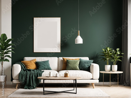 A stylish reading nook featuring a cozy armchairs with a pillow, a framed mockup for artwork on the wall. Modern design. Green color