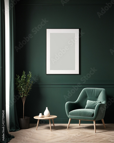 A stylish reading nook featuring a cozy armchairs with a pillow, a framed mockup for artwork on the wall. Modern design. Green color