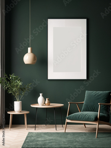 A stylish reading nook featuring a cozy armchairs with a pillow, a framed mockup for artwork on the wall. Modern design. Green color