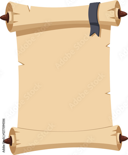 A detailed scroll with rolled edges and a dark ribbon tied at the center showcasing a classic flat vector illustration