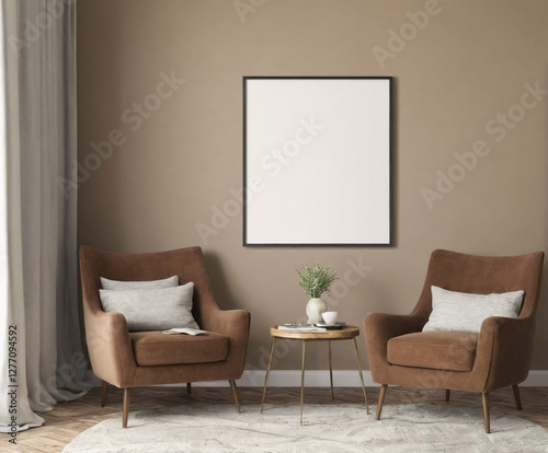 A stylish reading nook featuring a cozy armchairs with a pillow, a framed mockup for artwork on the wall. Modern design. Brown color