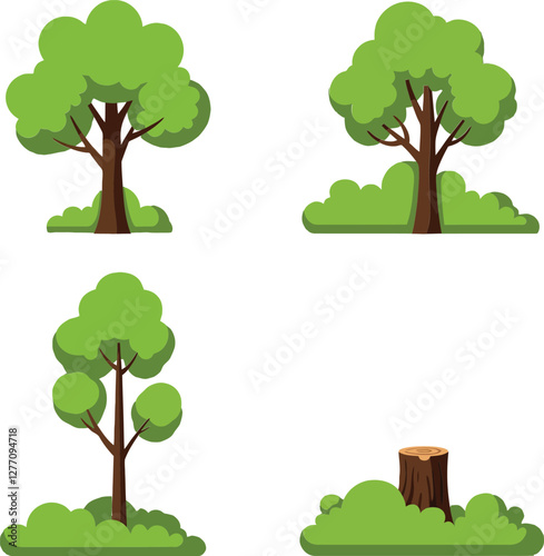 Various vibrant trees in a flat design style showcasing foliage, trunks, and stumps in different angles, perfect for nature-themed vector art