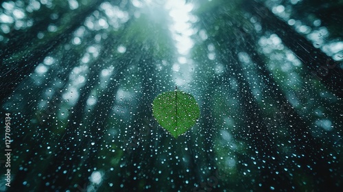 Single leaf in rain, forest background, nature, vertical photo