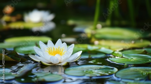 White water lily blooming on a pond with green lily pads