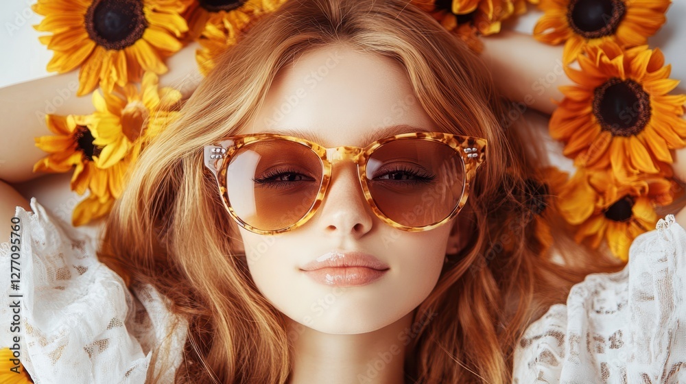 Fototapeta premium A stylish blond woman wearing sunglasses stands against a vibrant backdrop of sunflowers, radiating warmth and summer vibes.