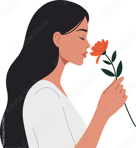 A woman with long hair gently smelling an orange flower in a serene moment, embracing nature in minimalist vector illustration