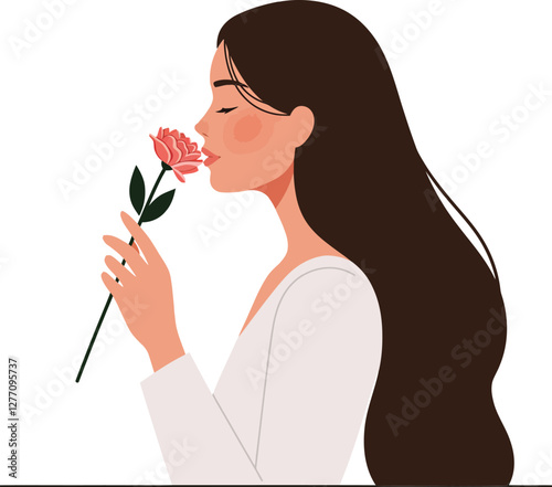 Woman in profile gently smelling a pink rose with long flowing hair, minimalist design style, serene and peaceful atmosphere, vector illustration