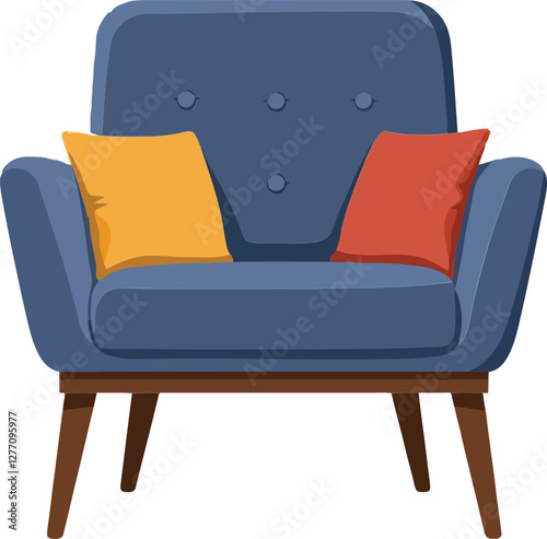 Cozy blue armchair with colored cushions in a minimalist style showcasing comfort and modern design in vector illustration