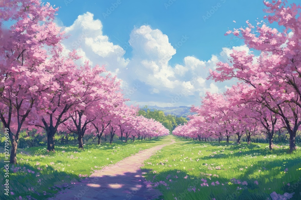 Blossoming cherry trees line peaceful pathway under bright blue Blossoming cherry trees line peaceful pathway under bright blue