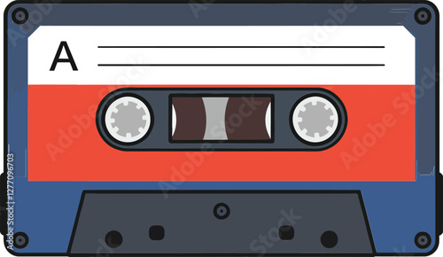 Retro audio cassette tape in a flat design style featuring vibrant colors and simple shapes, perfect for music-themed vector art