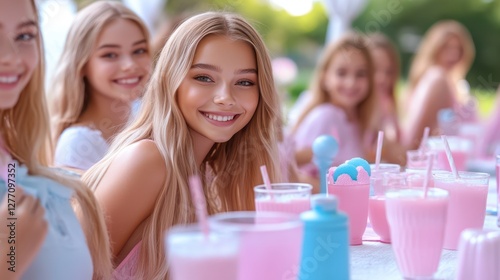 A group of girls enjoys beverages together at a table, sharing laughter and conversation in a lively social setting.