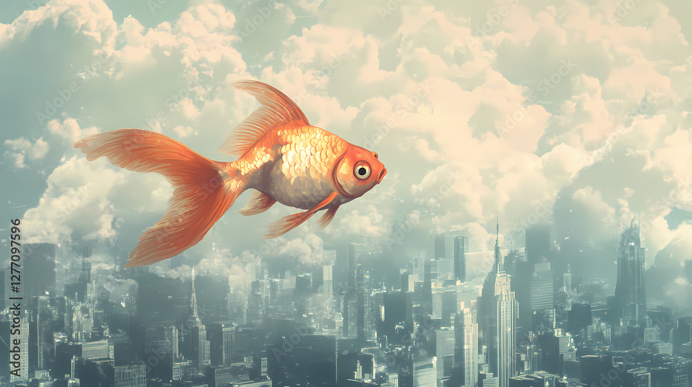 Obraz premium A whimsical depiction of a goldfish soaring through a cloudy sky above a cityscape. Phantasmagoric Dream City. Illustration