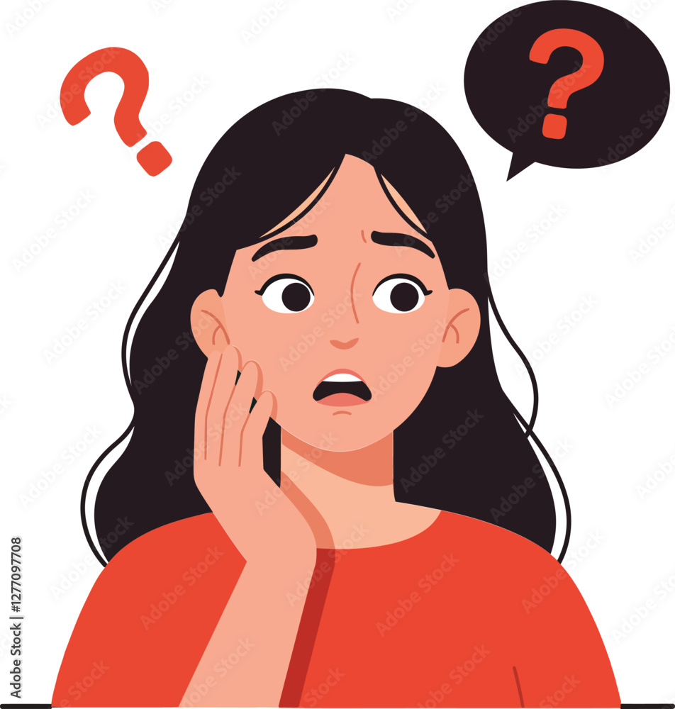 A concerned young woman with long hair wearing a red shirt, expressing confusion with question marks in a flat vector illustration