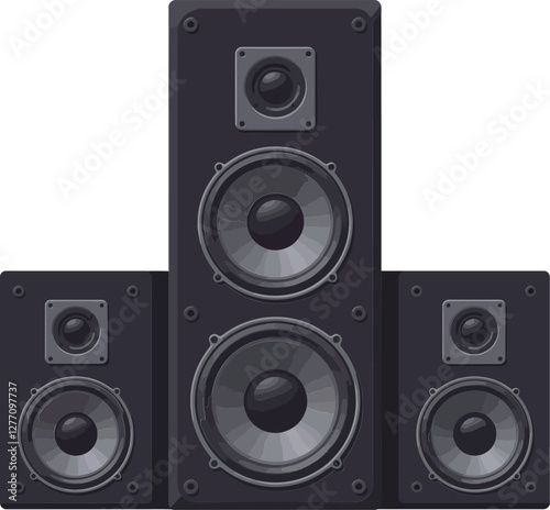Three black audio speakers arranged in a dynamic layout showcasing detailed design elements in flat vector art